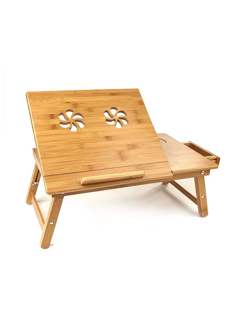 LINGWEI Laptop Table Foldable Bamboo Bed Tray Reading Table Snack Table Food Serving Tray with Drawer - Image 2