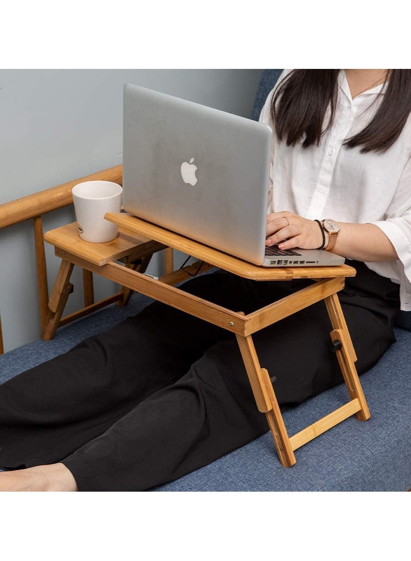 LINGWEI Laptop Table Foldable Bamboo Bed Tray Reading Table Snack Table Food Serving Tray with Drawer - Image 3