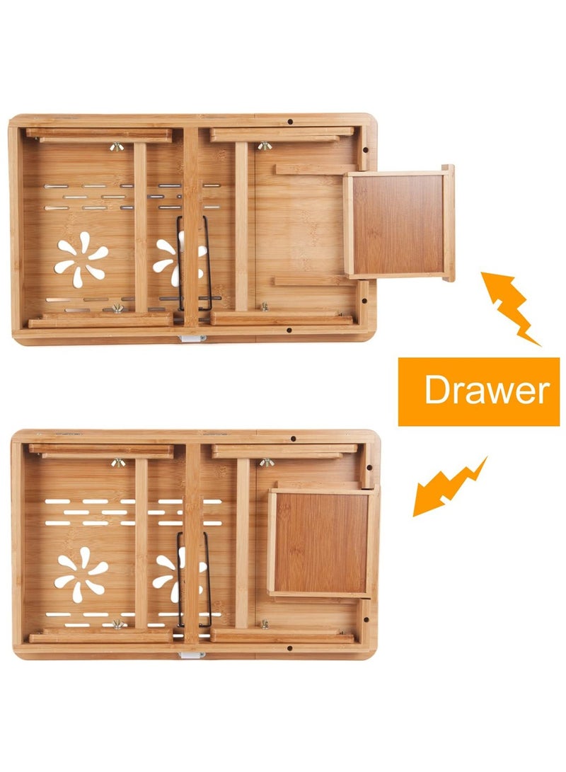 LINGWEI Laptop Table Foldable Bamboo Bed Tray Reading Table Snack Table Food Serving Tray with Drawer - Image 4