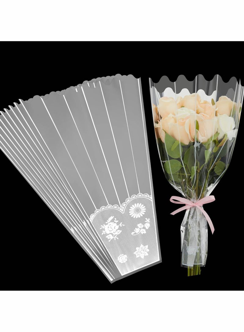 Excefore Flower Bouquet Bag Plastic Wrapping Bags Clear Floral Bouquet Sleeve with Strip and Lace Decor Disposable Cellophane Sleeves Transparent Flower Bouquet Packaging Bags for Wedding, Birthday 100 Pieces  - Image 1