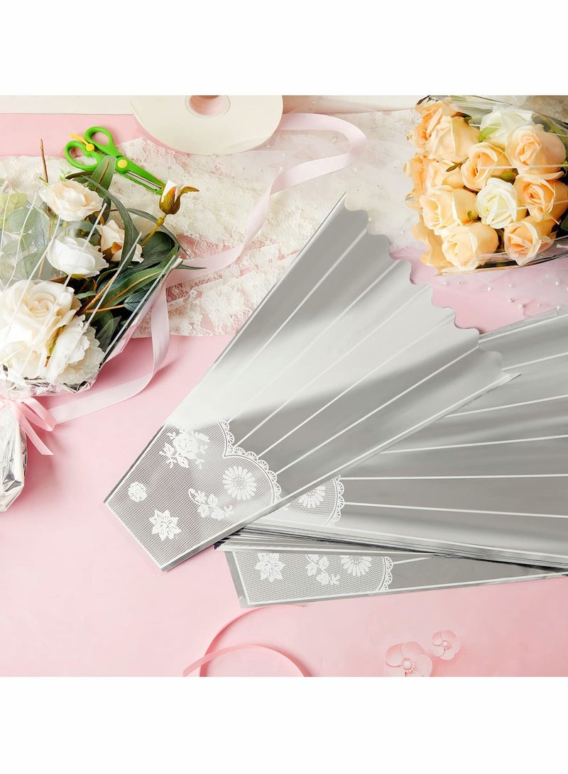 Excefore Flower Bouquet Bag Plastic Wrapping Bags Clear Floral Bouquet Sleeve with Strip and Lace Decor Disposable Cellophane Sleeves Transparent Flower Bouquet Packaging Bags for Wedding, Birthday 100 Pieces  - Image 3