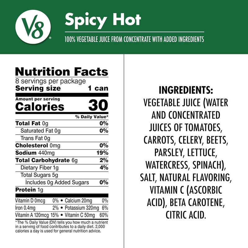 V8 Spicy Hot 100% Vegetable Juice, 5.5 fl oz Can (8 Pack) - Image 2