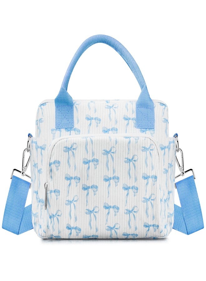TESAFNG Lunch Box for Women Insulated Lunch Bag Cute Corduroy Lunch Tote Bags Lightweight Reusable Leakproof Cooler Bag with Adjustable Shoulder Strap for Work Office Travel Picnic (Blue Bow) - Image 1