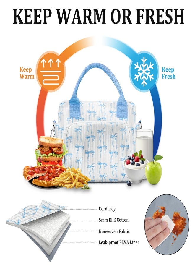 TESAFNG Lunch Box for Women Insulated Lunch Bag Cute Corduroy Lunch Tote Bags Lightweight Reusable Leakproof Cooler Bag with Adjustable Shoulder Strap for Work Office Travel Picnic (Blue Bow) - Image 3