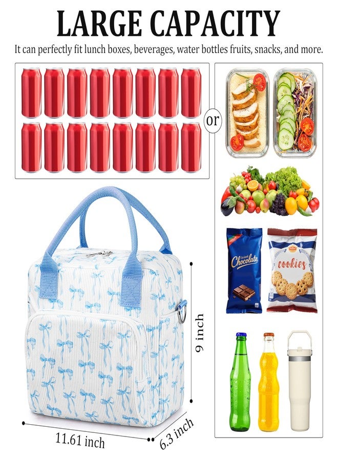TESAFNG Lunch Box for Women Insulated Lunch Bag Cute Corduroy Lunch Tote Bags Lightweight Reusable Leakproof Cooler Bag with Adjustable Shoulder Strap for Work Office Travel Picnic (Blue Bow) - Image 2