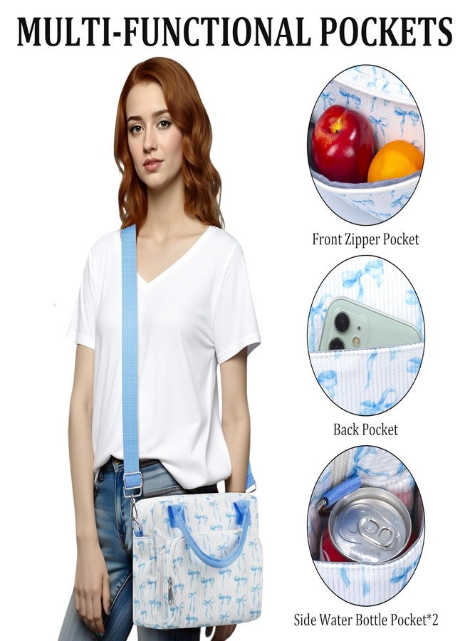 TESAFNG Lunch Box for Women Insulated Lunch Bag Cute Corduroy Lunch Tote Bags Lightweight Reusable Leakproof Cooler Bag with Adjustable Shoulder Strap for Work Office Travel Picnic (Blue Bow) - Image 4