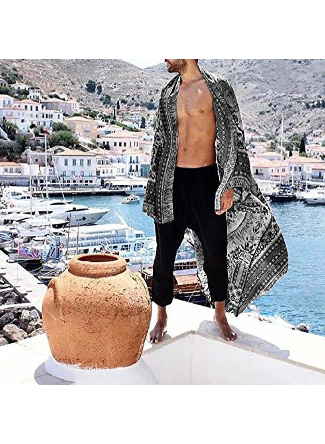 RAGEMALL Men Long Cardigan Lightweight Kimono Loose Open Front Ruffle Shawl Collar Drape Cape Vintage Cloak, 1-black, L - Image 2