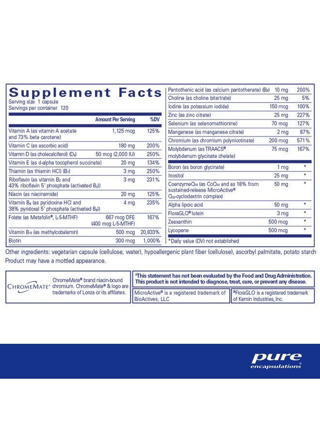Pure Encapsulations فيتامينات متعددة من بيور إنكابسوليشنز O.N.E. - فيتامينات متعددة تؤخذ مرة واحدة يوميًا مع مركب مضاد للأكسدة ميتافولين، CoQ10، ولوتين لدعم الرؤية، الوظيفة الإدراكية، وصحة الخلايا* - 120 كبسولة - Image 2