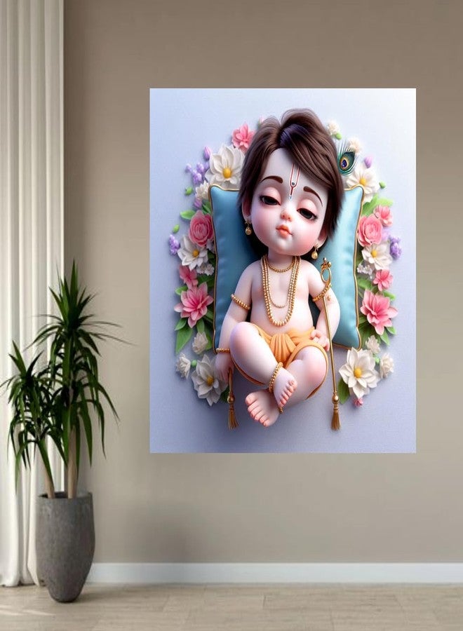 Sky Flying Baby Sleeping Flower Krishna Wall Poster For Living Room, Pooja Room, Kids Room, Office (Size - 41CM X 41CM) - Image 2