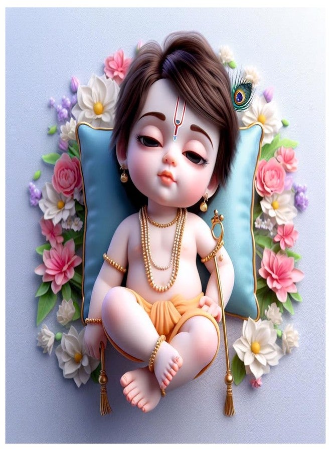 Sky Flying Baby Sleeping Flower Krishna Wall Poster For Living Room, Pooja Room, Kids Room, Office (Size - 41CM X 41CM) - Image 1