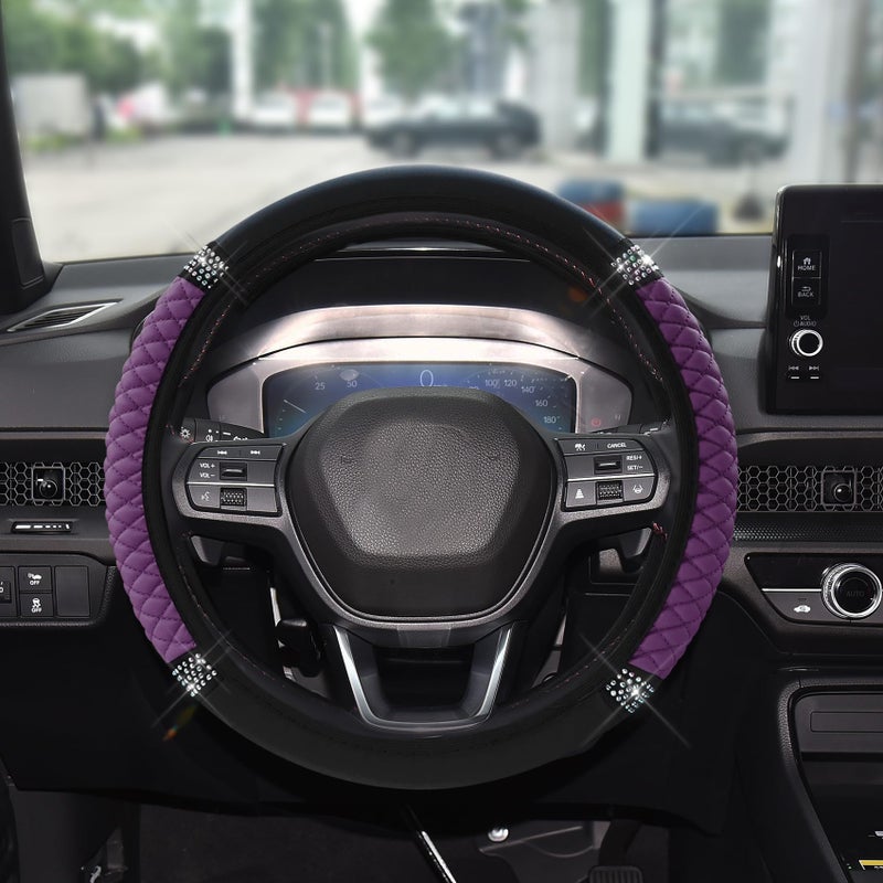 Tecledsn Bling Soft Leather Steering Wheel Cover 15 Inch Colorful Rhinestones Auto Elastic Steering Wheel Protector for Women Girls Car Accessories Anti Slip Steering Wheel Cover for Cars SUVs Purple - Image 3
