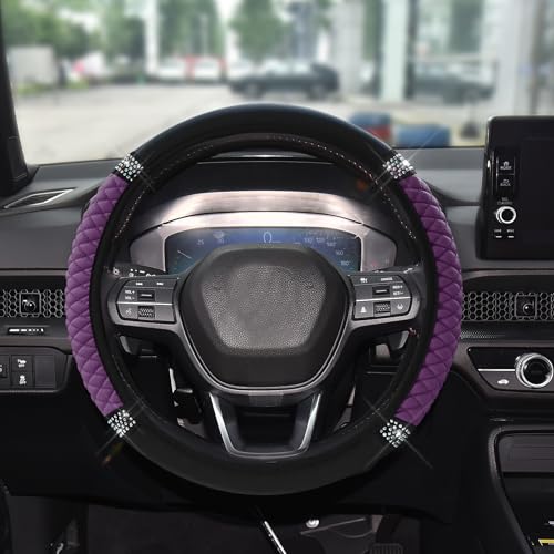 Tecledsn Bling Soft Leather Steering Wheel Cover 15 Inch Colorful Rhinestones Auto Elastic Steering Wheel Protector for Women Girls Car Accessories Anti Slip Steering Wheel Cover for Cars SUVs Purple - Image 1