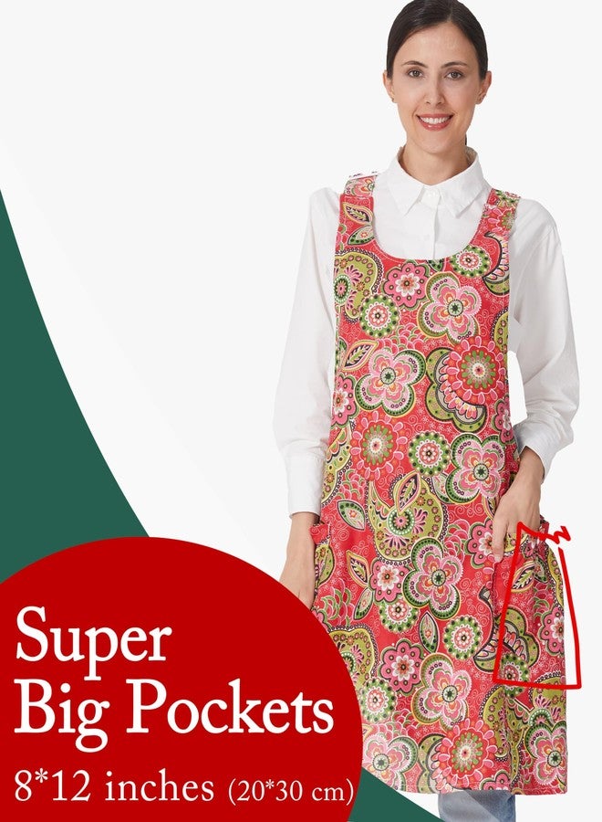 APRONNER Cozy Adjustable Cross Back Aprons for Women with Pockets Cotton Linen Cooking Kitchen Baking Red Flowers - Image 3