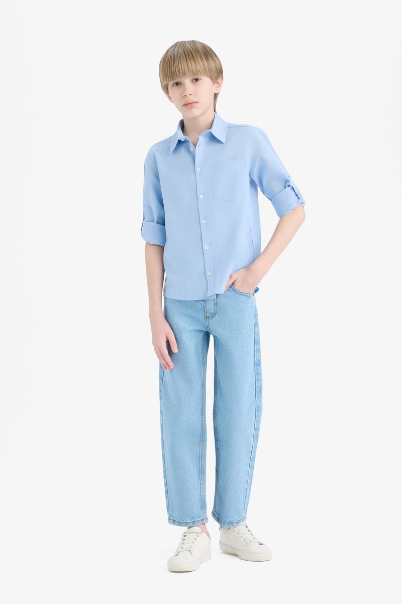 ديفاكتو قميص كم طويل ذو مظهر كتاني قصة عادية بياقة بولو - Image 2