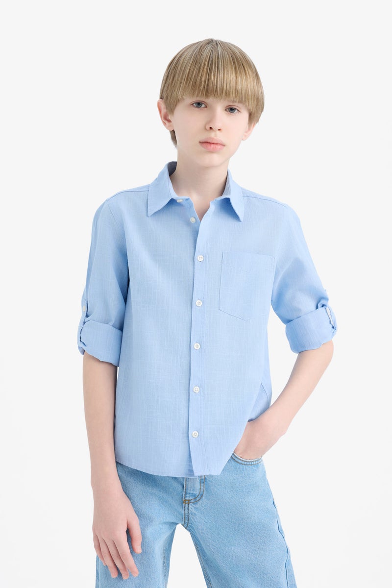 DeFacto Blue Boy Boy Polo Collar Linen Look Long Sleeve Shirt Casual - Image 3