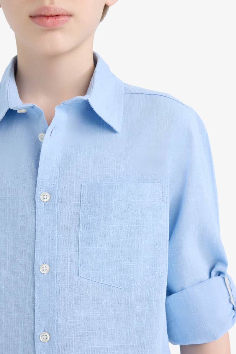 DeFacto Blue Boy Boy Polo Collar Linen Look Long Sleeve Shirt Casual - Image 5