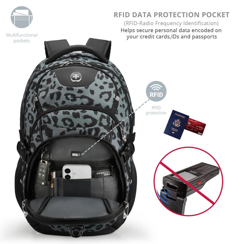 Swissdigital Laptop Backpack with USB Charging Port, Travel Backpack Fits 15.6 inches Computer, 31L Backpack for Men, Gray Leopard | SD803-101 - Image 2