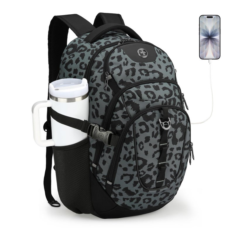 Swissdigital Laptop Backpack with USB Charging Port, Travel Backpack Fits 15.6 inches Computer, 31L Backpack for Men, Gray Leopard | SD803-101 - Image 1
