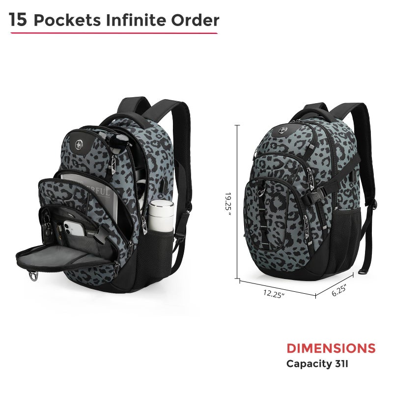 Swissdigital Laptop Backpack with USB Charging Port, Travel Backpack Fits 15.6 inches Computer, 31L Backpack for Men, Gray Leopard | SD803-101 - Image 4