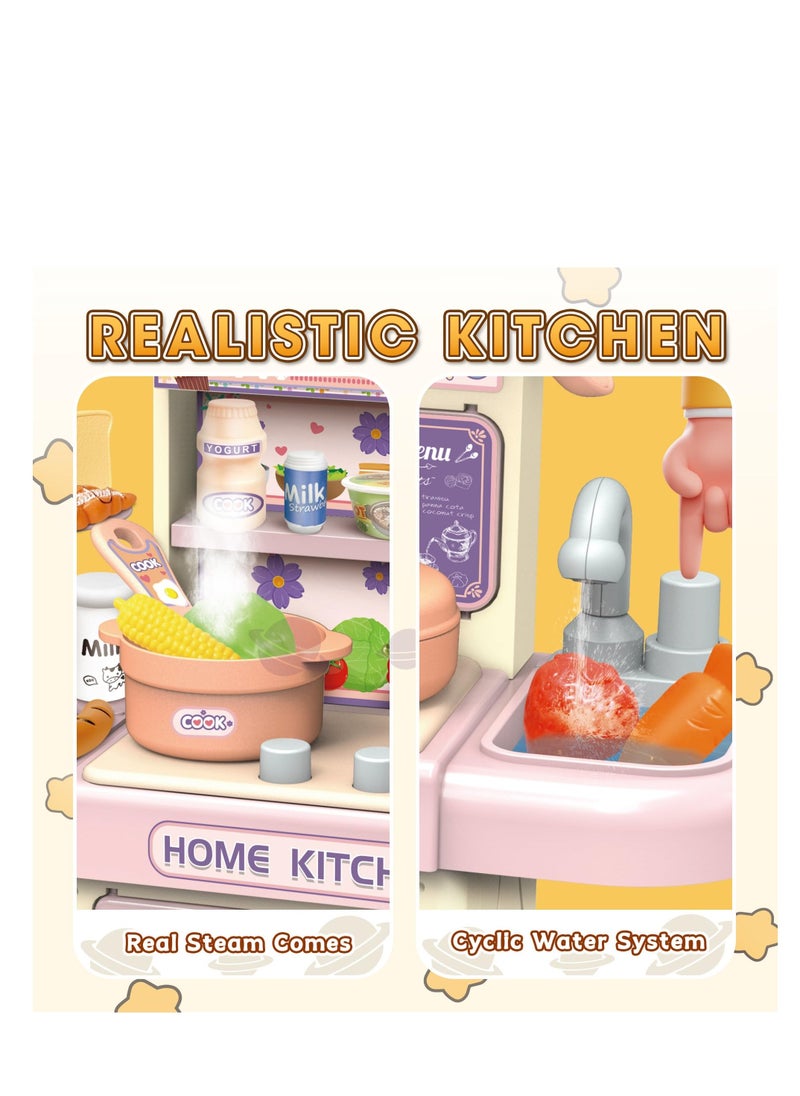 Mini Kids Kitchen Play Set, Play Kitchen Toy for Doll House with Realistic Steam and Lights, Pretend Cooking Food Accessories, Cyclic Water System, Role Playing Game for Kids, Gift for Girls (Pink) - Image 2