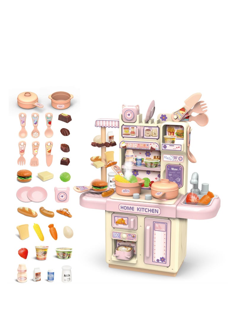 Mini Kids Kitchen Play Set, Play Kitchen Toy for Doll House with Realistic Steam and Lights, Pretend Cooking Food Accessories, Cyclic Water System, Role Playing Game for Kids, Gift for Girls (Pink) - Image 1