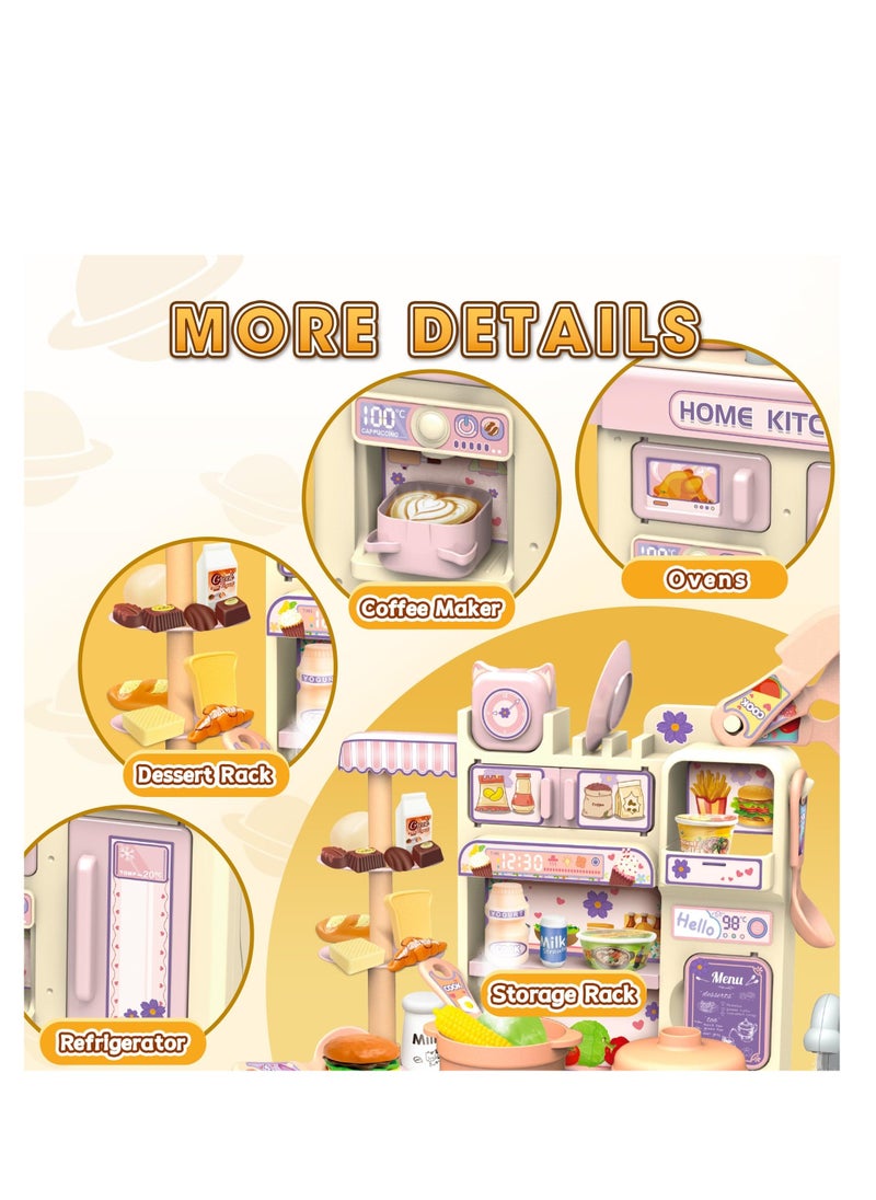 Mini Kids Kitchen Play Set, Play Kitchen Toy for Doll House with Realistic Steam and Lights, Pretend Cooking Food Accessories, Cyclic Water System, Role Playing Game for Kids, Gift for Girls (Pink) - Image 3