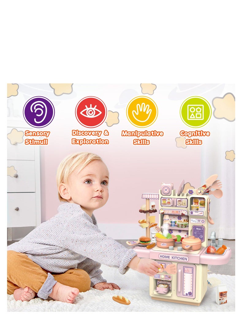 Mini Kids Kitchen Play Set, Play Kitchen Toy for Doll House with Realistic Steam and Lights, Pretend Cooking Food Accessories, Cyclic Water System, Role Playing Game for Kids, Gift for Girls (Pink) - Image 4