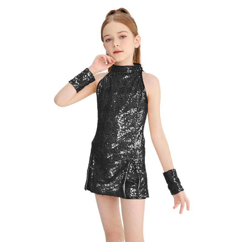 LOLANTA Big Girls Sequin Dance Dress Sparkle Hip Hop Jazz Dance Outfits Sleeveless Top Shorts Black 1112