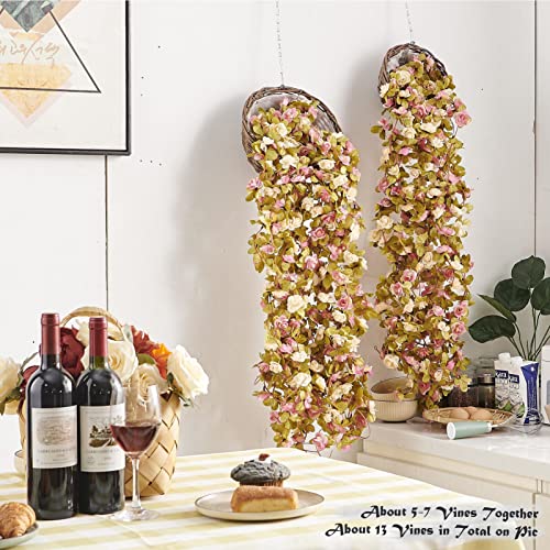 PONKING 6 Pcs x 8.2 ft Flower Garland Artificial Rose Vine Flowers with Green Leaves Hanging Fake Roses Vine for Room Party Home Wedding Birthday Christmas Wall Arch Decor, Pink Champagne Flower - Image 3