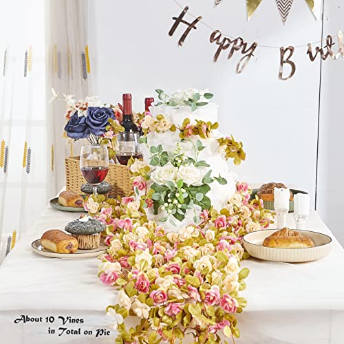 PONKING 6 Pcs x 8.2 ft Flower Garland Artificial Rose Vine Flowers with Green Leaves Hanging Fake Roses Vine for Room Party Home Wedding Birthday Christmas Wall Arch Decor, Pink Champagne Flower - Image 2