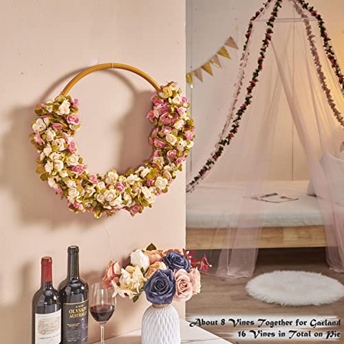 PONKING 6 Pcs x 8.2 ft Flower Garland Artificial Rose Vine Flowers with Green Leaves Hanging Fake Roses Vine for Room Party Home Wedding Birthday Christmas Wall Arch Decor, Pink Champagne Flower - Image 5