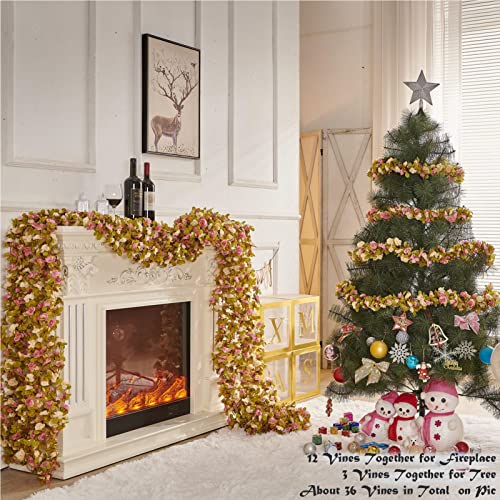 PONKING 6 Pcs x 8.2 ft Flower Garland Artificial Rose Vine Flowers with Green Leaves Hanging Fake Roses Vine for Room Party Home Wedding Birthday Christmas Wall Arch Decor, Pink Champagne Flower - Image 4