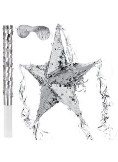 Foil Star Pinata With Blindfold And Bat For Kids Birthday Star Shape Foldable Pinata With Pinata Stick Festive Star Pinata Foil Star Fiesta Party Supplies Favors For Mexican Party Baby Shower (Silver)