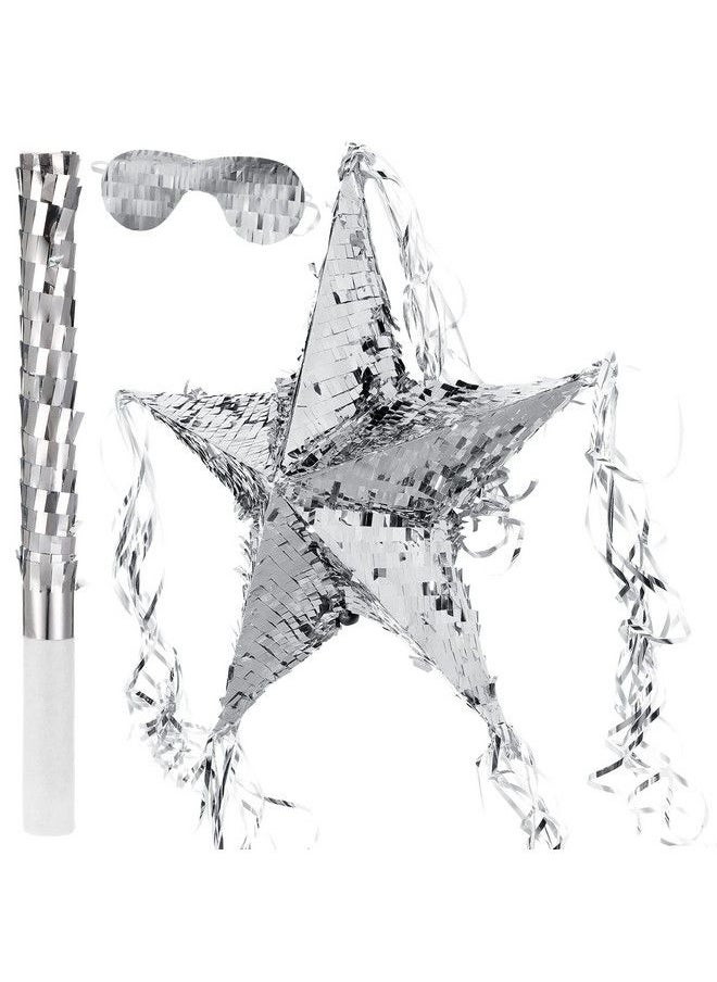 Hanaive - Foil Star Pinata With Blindfold And Bat For Kids Birthday Star Shape Foldable Pinata With Pinata Stick Festive Star Pinata Foil Star Fiesta Party Supplies Favors For Mexican Party Baby Shower (Silver) - Image 1