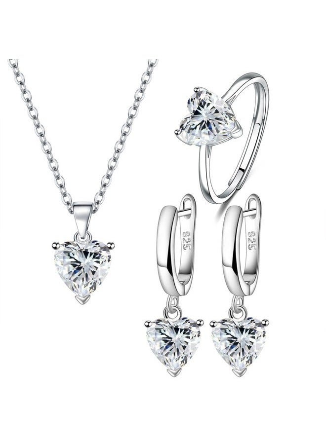 Exquisite 925 Sterling Silver Heart-Shaped Cubic Zirconia Jewelry Set - Romantic Necklace, Ring, and Earrings Trio for Anniversary, Valentine's Day Gift - Elegant, Sexy, and Durable Accessories for Her - Image 1