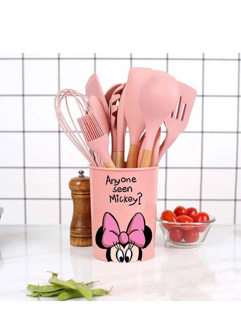 Disney 11-Piece Silicone Serving Set with Wooden Handle and Stand - Non-Heatable Handle - Image 3