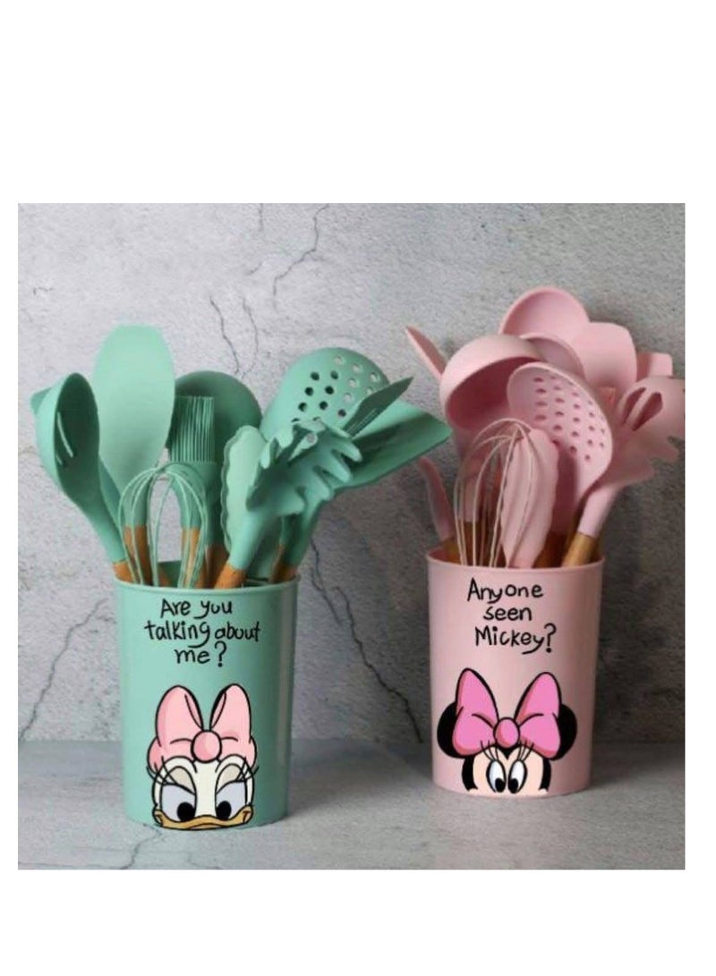 Disney 11-Piece Silicone Serving Set with Wooden Handle and Stand - Non-Heatable Handle - Image 1