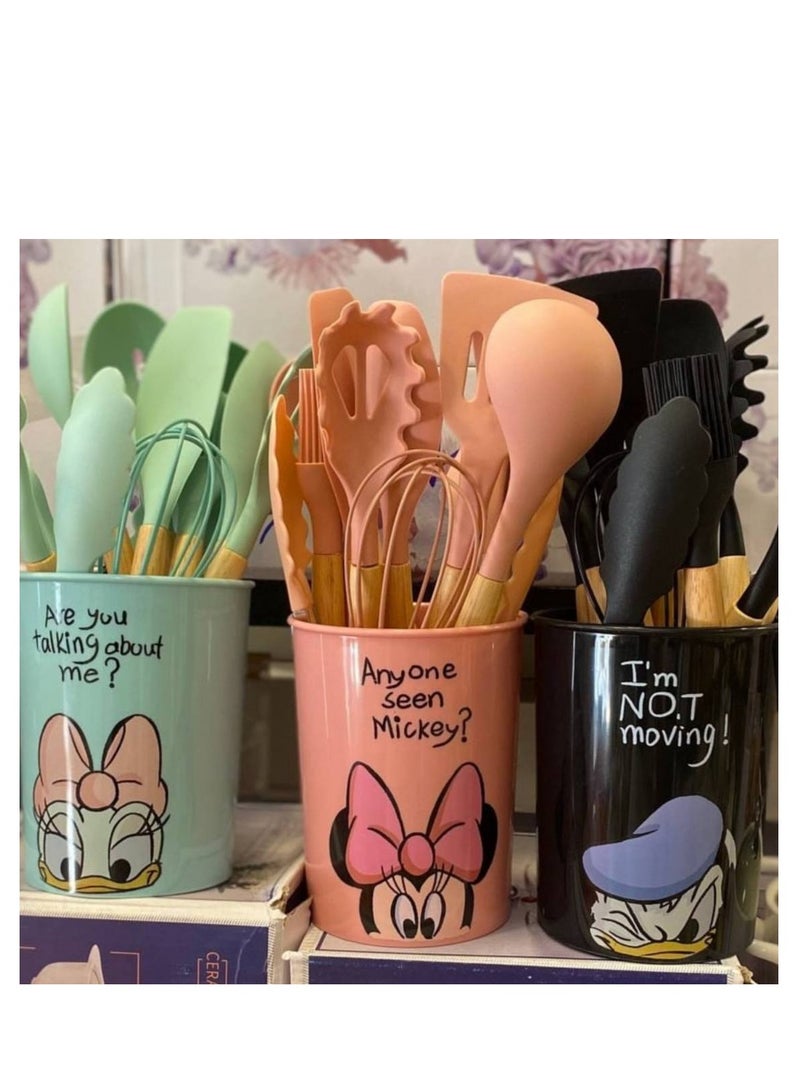 Disney 11-Piece Silicone Serving Set with Wooden Handle and Stand - Non-Heatable Handle - Image 2