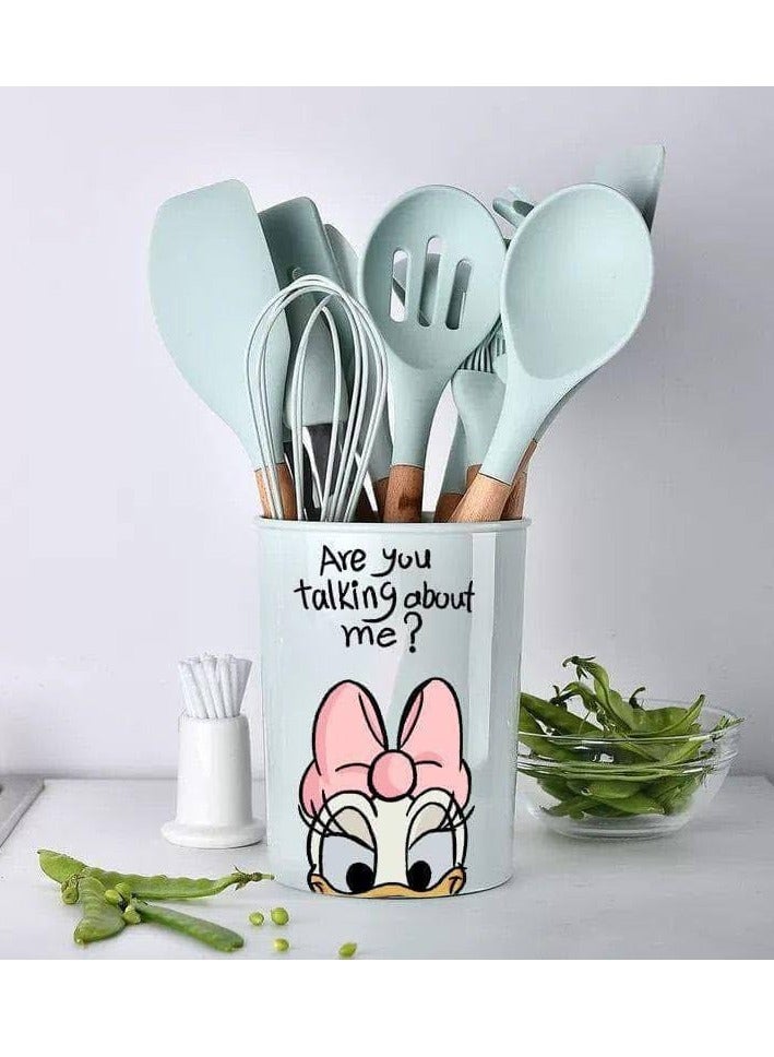 Disney 11-Piece Silicone Serving Set with Wooden Handle and Stand - Non-Heatable Handle - Image 4