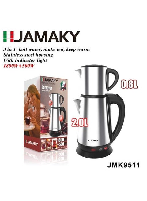 Jamaki JMK 9511 Double Wall Electric Kettle High borosilicate glass housing Concealed stainless steel heating element 1800 + 500W Capacity: 2.0 + 0.8L Easy to operate with power light indicator Auto power off Boil dry protection