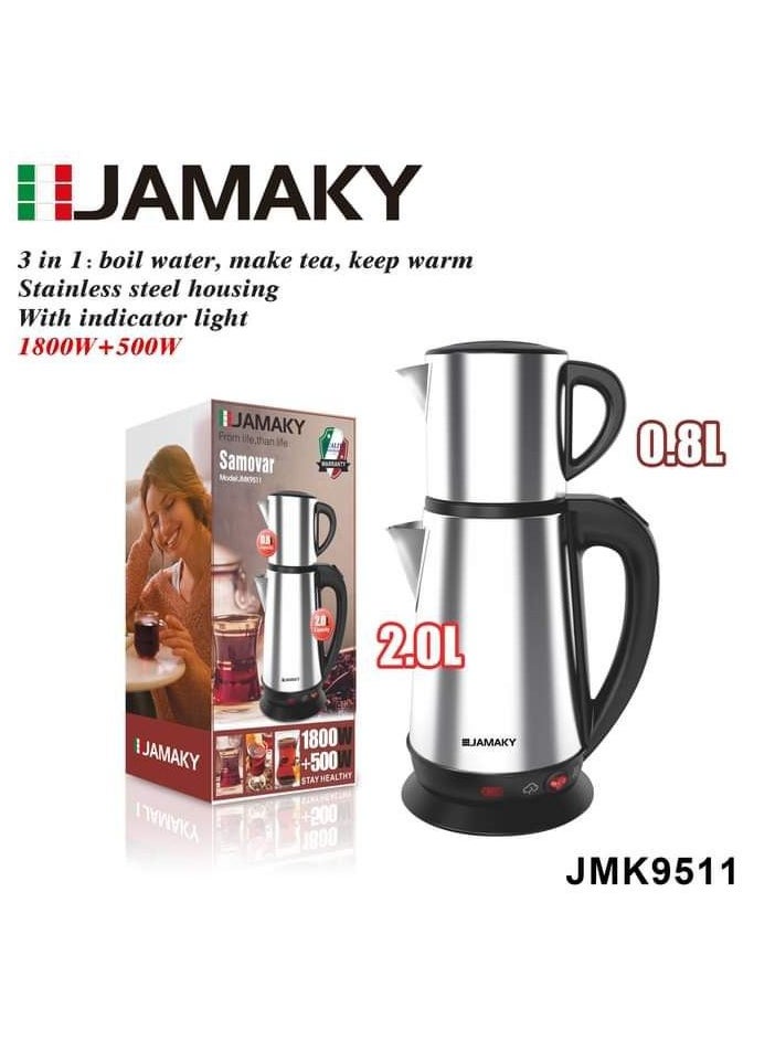 Jamaki JMK 9511 Double Wall Electric Kettle High borosilicate glass housing Concealed stainless steel heating element 1800 + 500W Capacity: 2.0 + 0.8L Easy to operate with power light indicator Auto power off Boil dry protection
