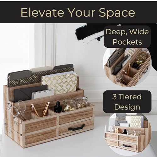 BLU MONACO Natural Wood Mail Organizer with Drawer & Pen Holder – Desk Organizer for Bills, Storage, Countertop & Kitchen - Image 3