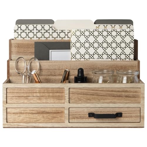 BLU MONACO Natural Wood Mail Organizer with Drawer & Pen Holder – Desk Organizer for Bills, Storage, Countertop & Kitchen - Image 1