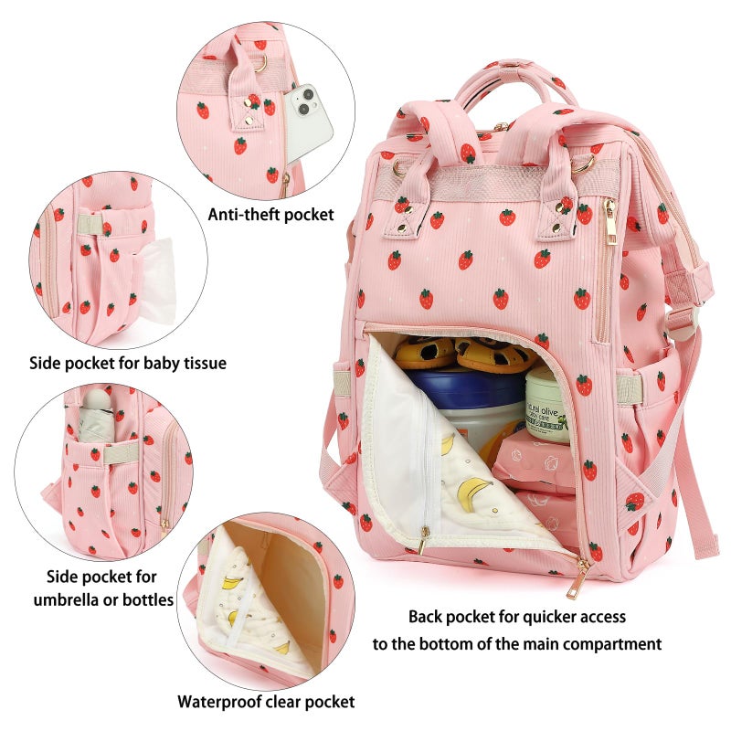 Yusudan Corduroy Diaper Bag Backpack for Baby Girls Boys, Women Large Nappy Bags for Mom (Pink Corduroy Strawberry) - Image 4
