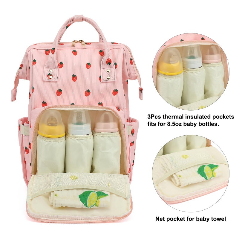 Yusudan Corduroy Diaper Bag Backpack for Baby Girls Boys, Women Large Nappy Bags for Mom (Pink Corduroy Strawberry) - Image 3