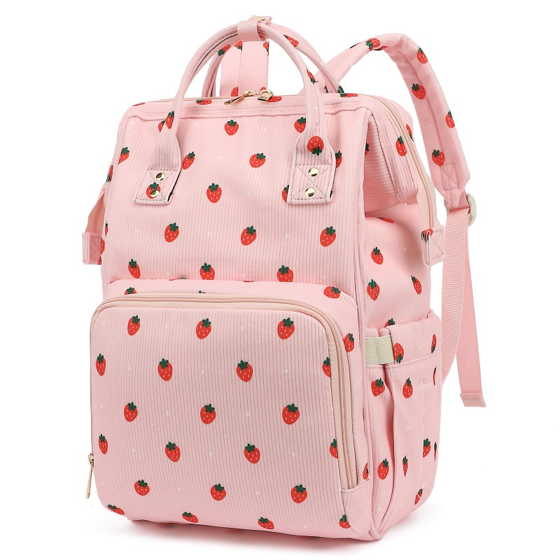 Yusudan Corduroy Diaper Bag Backpack for Baby Girls Boys, Women Large Nappy Bags for Mom (Pink Corduroy Strawberry) - Image 1