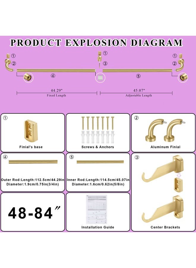 Lwiiom Brass Disc Curtain Rods, 48-84 Inches Window Curtain Rod,Adjustable Room Darkening Curtain Rod with Aluminum Finials and Brackets,Wrap Around Design - Image 5