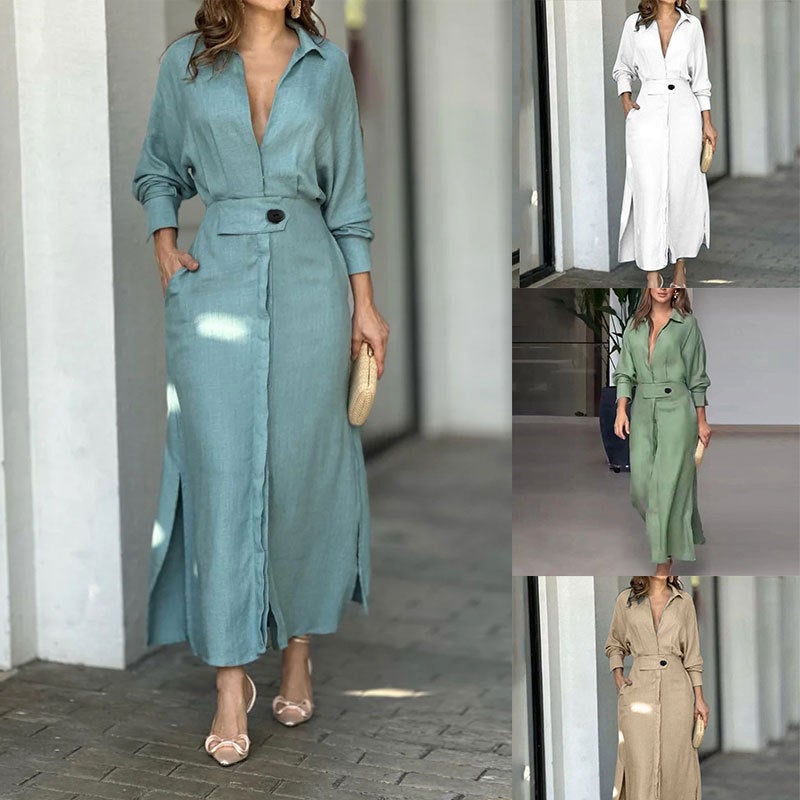 Women's Solid Color Tie Waist Long Sleeve V-Neck Dress 2025 Spring - Image 1