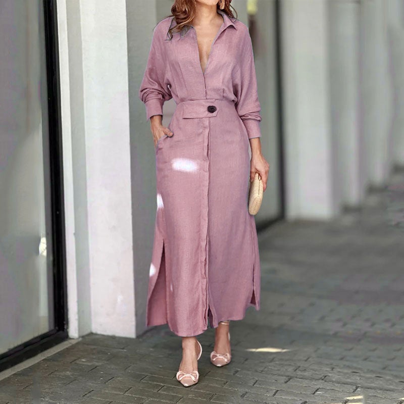 Women's Solid Color Tie Waist Long Sleeve V-Neck Dress 2025 Spring - Image 4