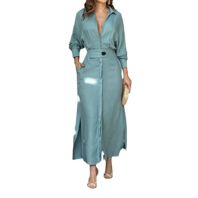 Women's Solid Color Tie Waist Long Sleeve V-Neck Dress 2025 Spring - Image 5